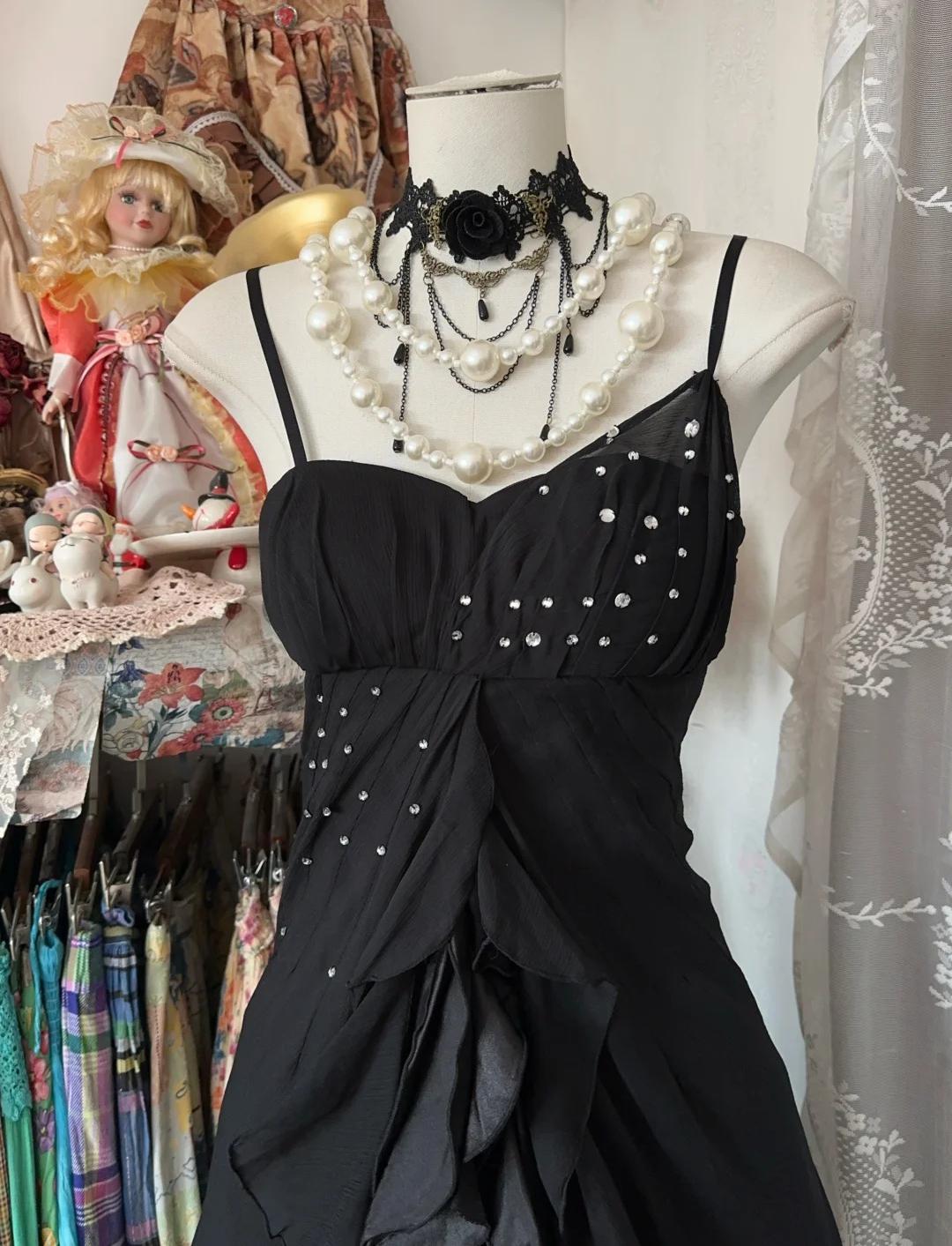 Vestidos de fiesta largos vintage de gasa negra con tirantes finos