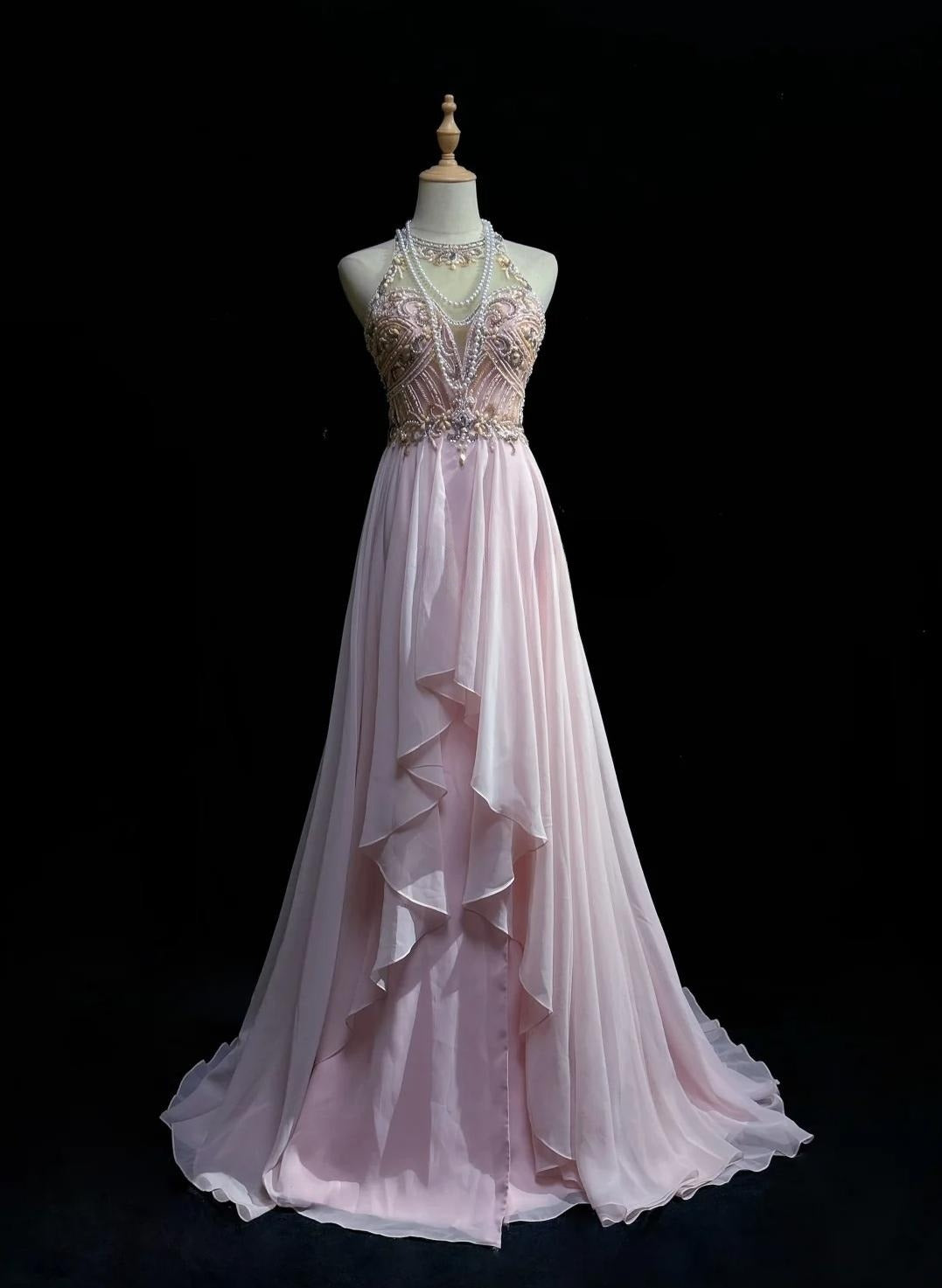 Hermoso vestido de fiesta rosa de tul, corte A, cuello alto, de gasa, largo, con cuentas y espalda descubierta, estilo retro, para boda y cumpleaños, ED01829