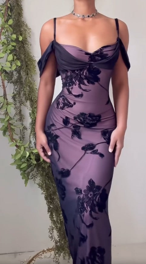 Vestido ajustado de satén morado único, vestido de fiesta con tirantes finos de tul negro, vestido de cumpleaños ED01856