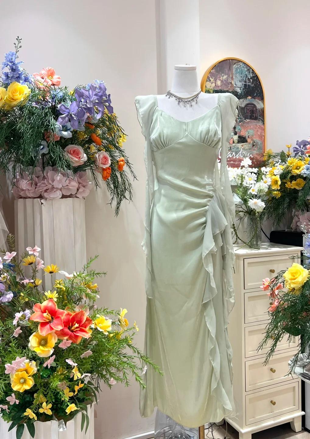Vestido ajustado de gasa con cuello en V y volantes en rosa suave, vestido de fiesta para cumpleaños ED01859