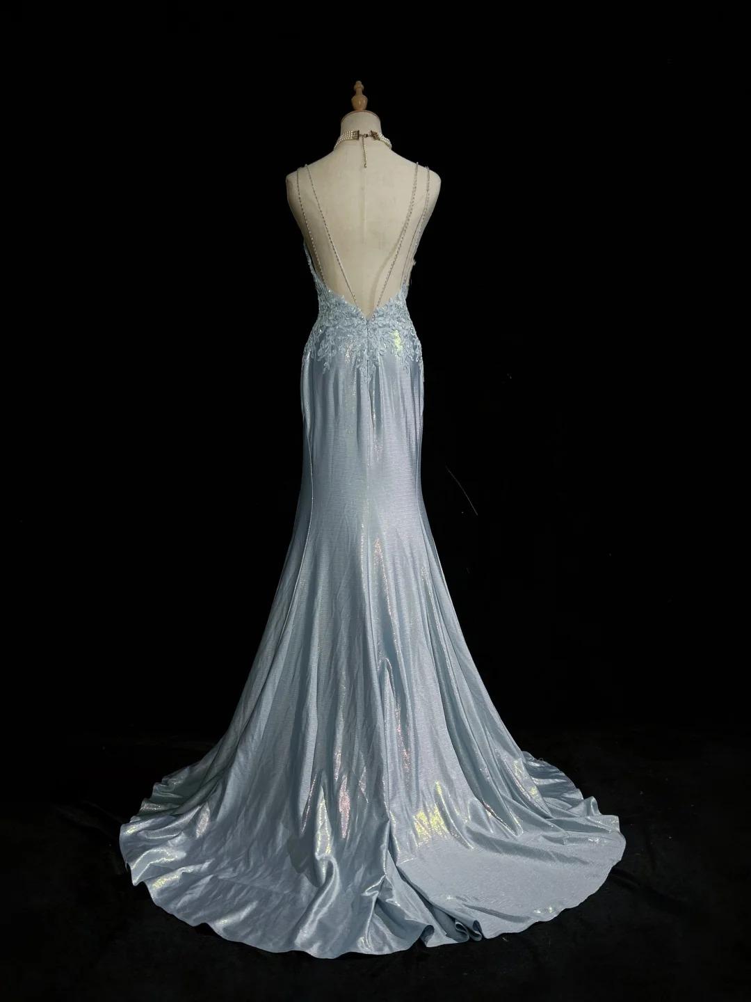 Hermoso vestido de noche con tirantes finos, corte sirena, satén brillante, largo, sin espalda, con apliques, vestido de novia sencillo ED01863
