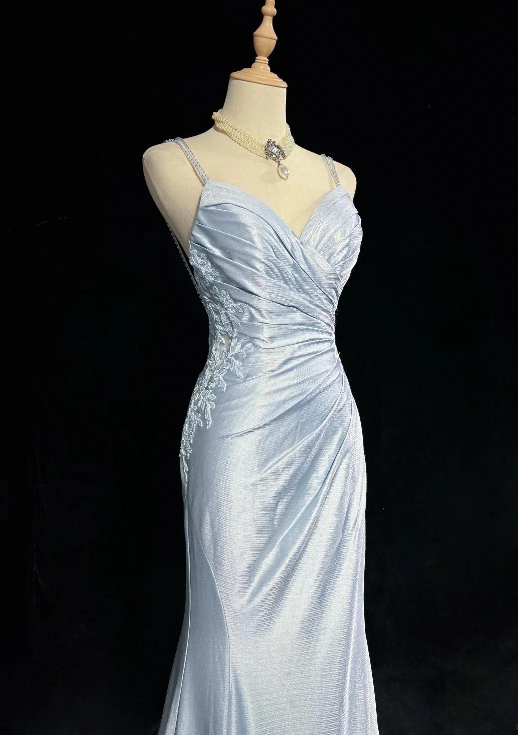 Hermoso vestido de noche con tirantes finos, corte sirena, satén brillante, largo, sin espalda, con apliques, vestido de novia sencillo ED01863