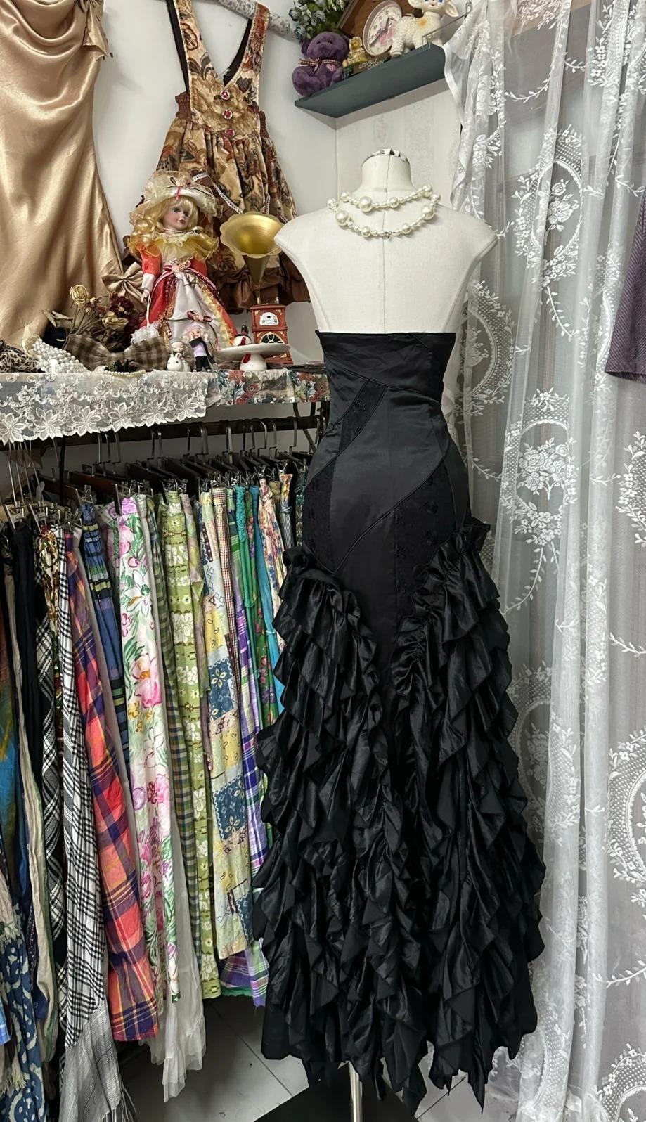 Vestido de fiesta de satén estilo sirena con escote corazón y temperamento negro, vestido de cumpleaños, vestido formal de noche ED01865