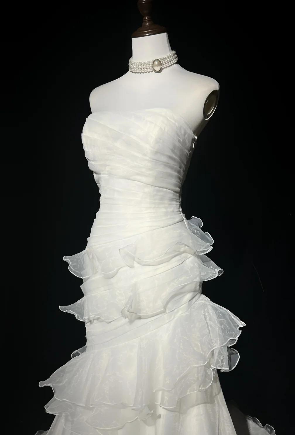 Impresionante vestido de fiesta largo de organza con corte sirena, blanco, sin tirantes, vestido de novia sencillo ED01872