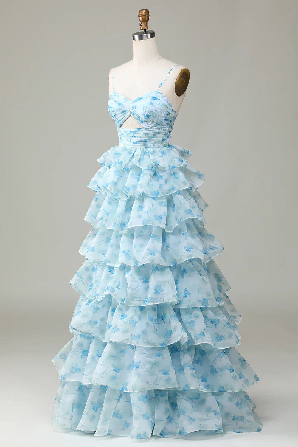 🌙 Enchanted Blue A-Line Evening Gown – Sweet Floral Layered Prom Dress for Special Occasion ED01918