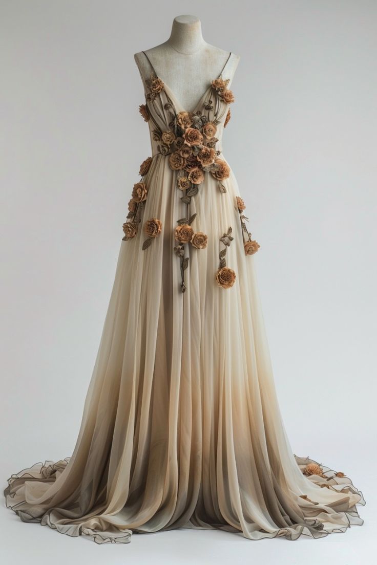 Vestido de fiesta de gasa con escote en V y corte A en color champán degradado, vestido de novia sencillo con rosas tridimensionales ED01923