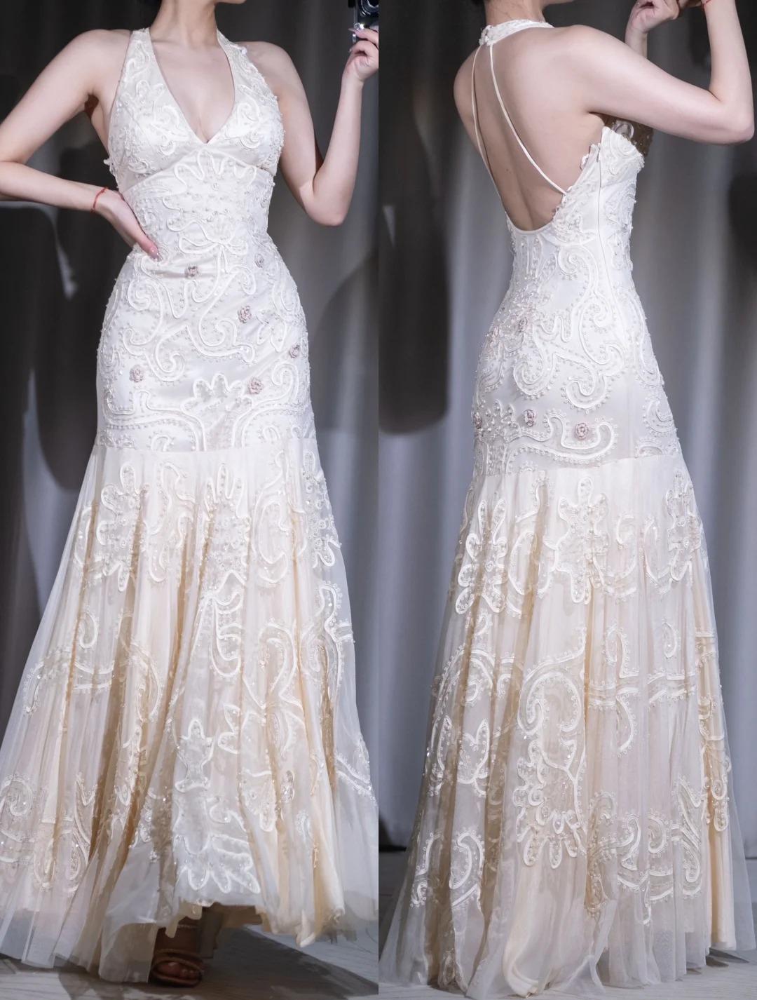 Vestido de fiesta de gasa con cuentas y corte sirena color albaricoque de los años 2000 para fiestas y cumpleaños, elegante vestido de noche con cuello halter y espalda descubierta ED01944