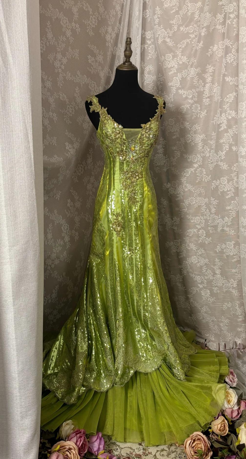Fairytale Bud Green Mermaid Sequins Beaded Prom Dress Backless Tulle Evening Gown ED01945