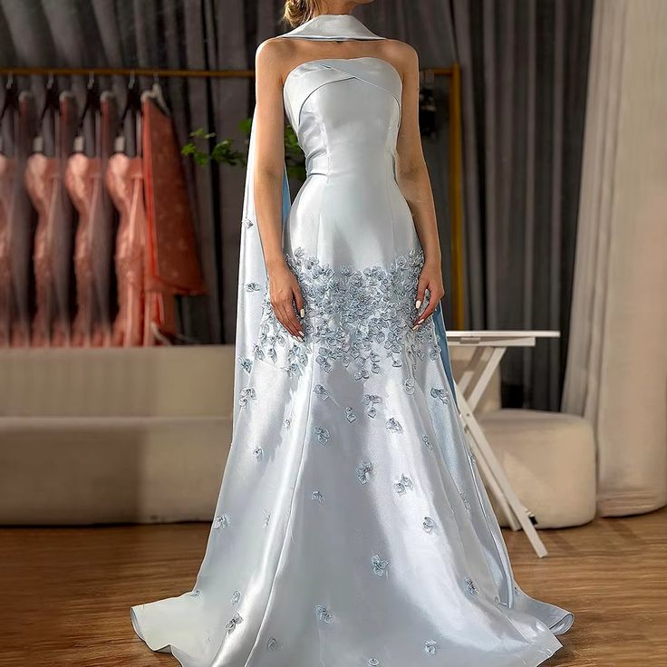 Elegante vestido de novia de satén gris azulado, corte A, sin tirantes, vestido de noche formal ED02104