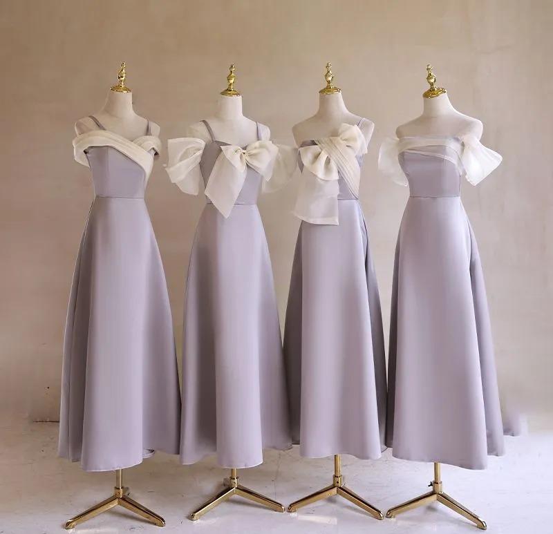 Vestido de dama de honor de satén morado con lazo, corte A, elegante vestido de noche formal ED02119