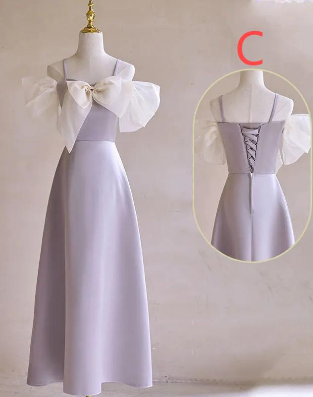 Vestido de dama de honor de satén morado con lazo, corte A, elegante vestido de noche formal ED02119