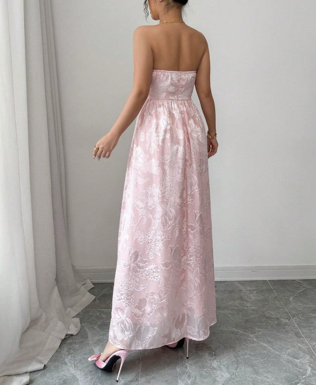 Precioso vestido de dama de honor rosa sin tirantes, de jacquard, corte A, espalda descubierta, ED02163