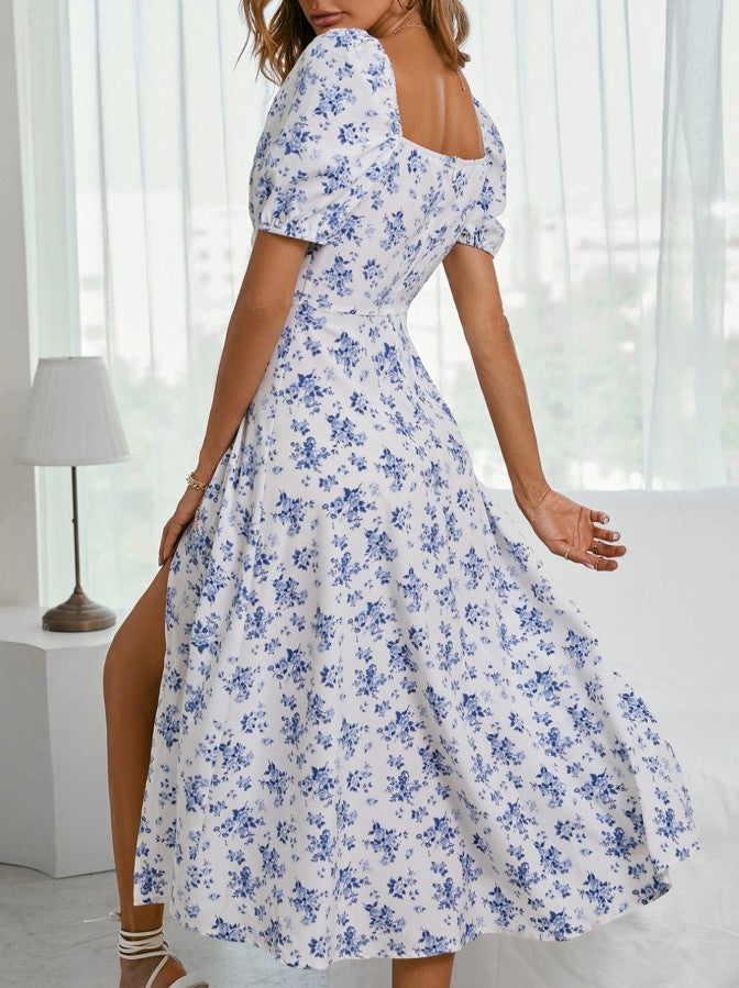 Vestido de fiesta elegante con escote cuadrado y estampado vintage para dama de honor con abertura ED02175