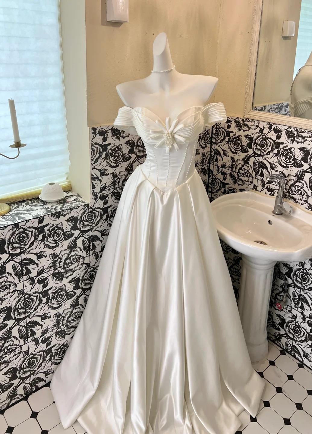 Vestido de novia vintage de satén blanco perla con hombros descubiertos, corte A, elegante vestido de fiesta largo ED02193