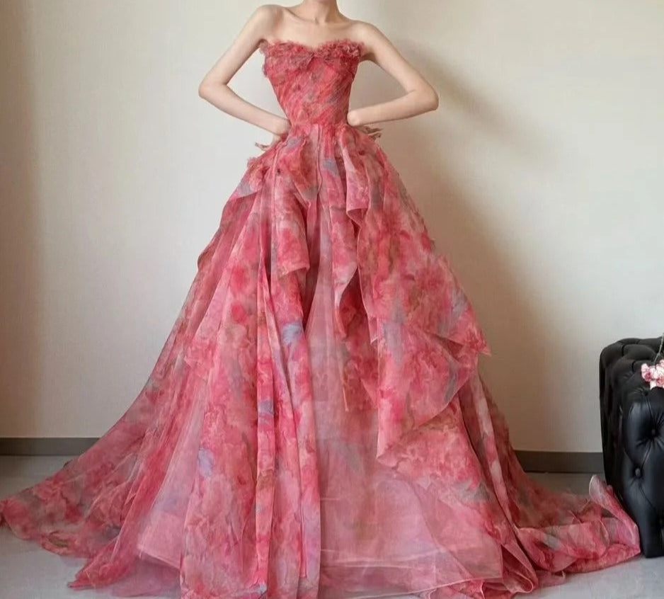 Precioso vestido de novia rojo de tul estampado, sin tirantes, corte A, largo y dulce, para fiesta de graduación ED02195