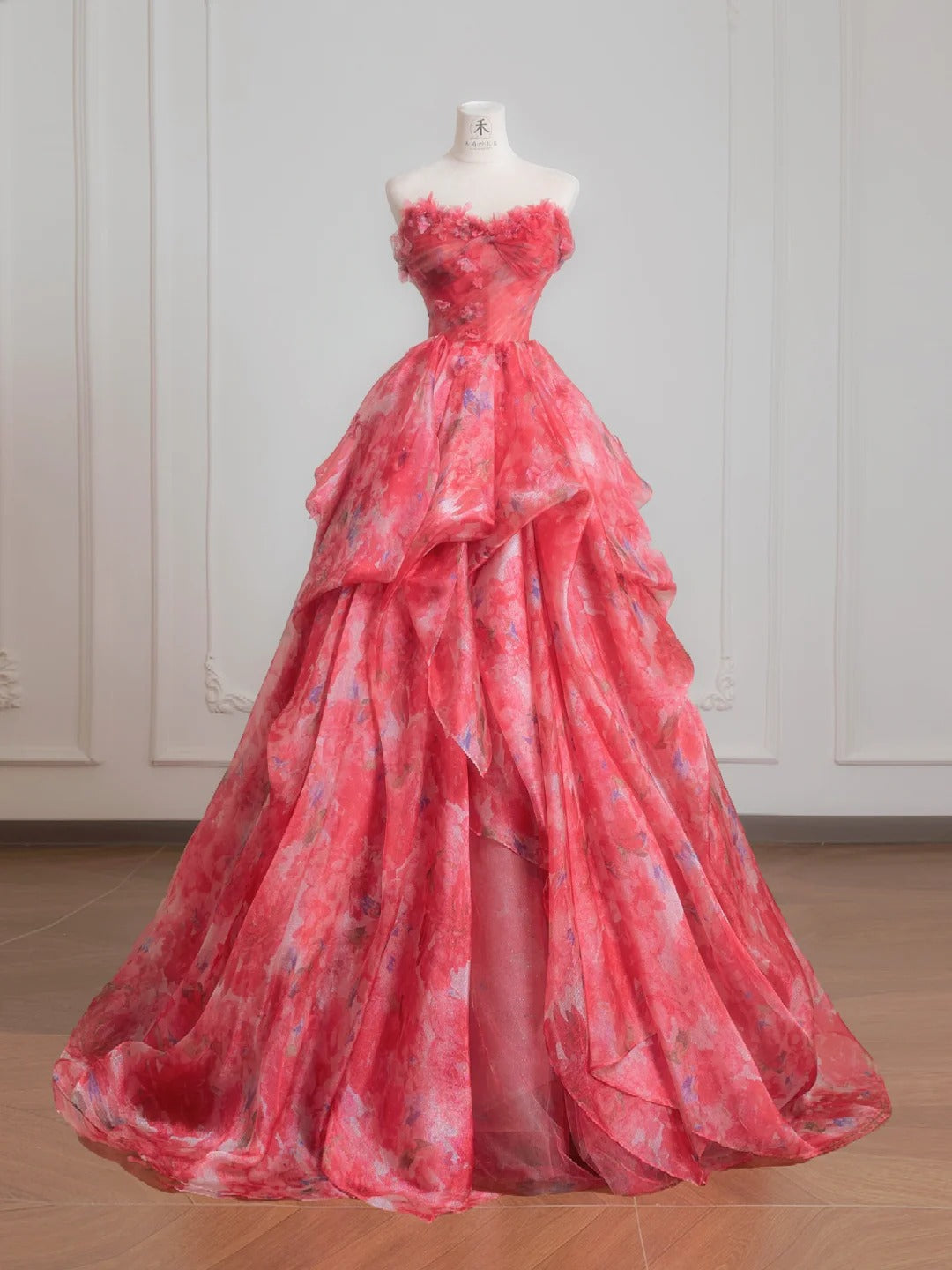 Precioso vestido de novia rojo de tul estampado, sin tirantes, corte A, largo y dulce, para fiesta de graduación ED02195