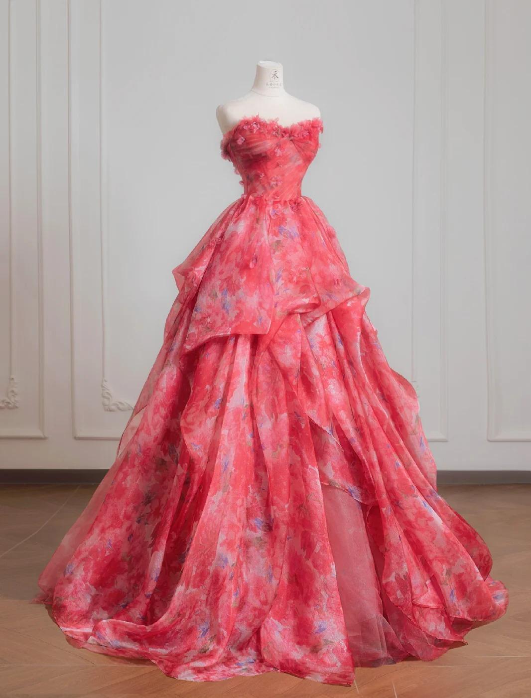 Precioso vestido de novia rojo de tul estampado, sin tirantes, corte A, largo y dulce, para fiesta de graduación ED02195