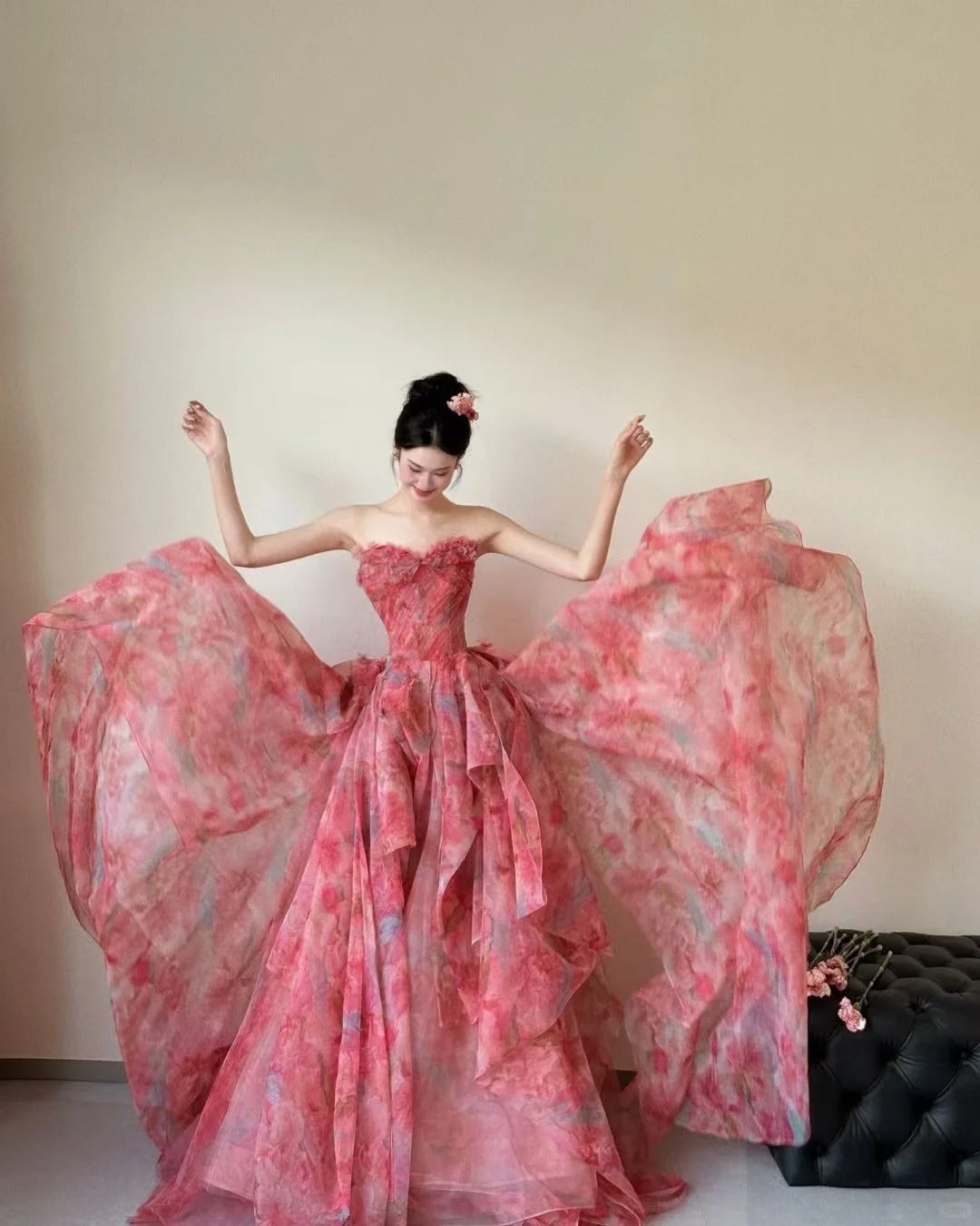 Precioso vestido de novia rojo de tul estampado, sin tirantes, corte A, largo y dulce, para fiesta de graduación ED02195