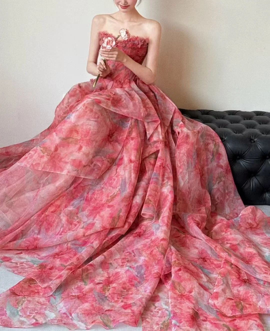 Precioso vestido de novia rojo de tul estampado, sin tirantes, corte A, largo y dulce, para fiesta de graduación ED02195
