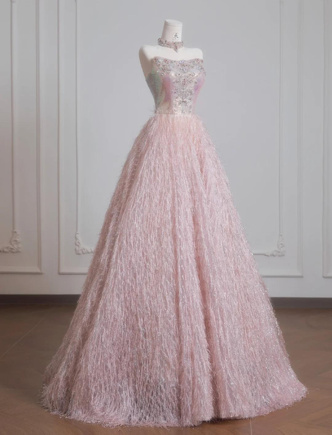 Vestido de novia de tul con cuentas, sin tirantes, color rosa dulce, corte A, largo, para fiesta, ED02197
