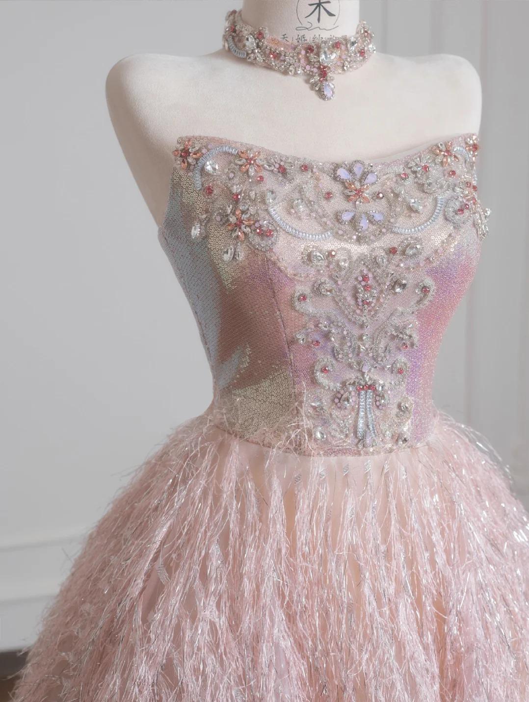 Vestido de novia de tul con cuentas, sin tirantes, color rosa dulce, corte A, largo, para fiesta, ED02197