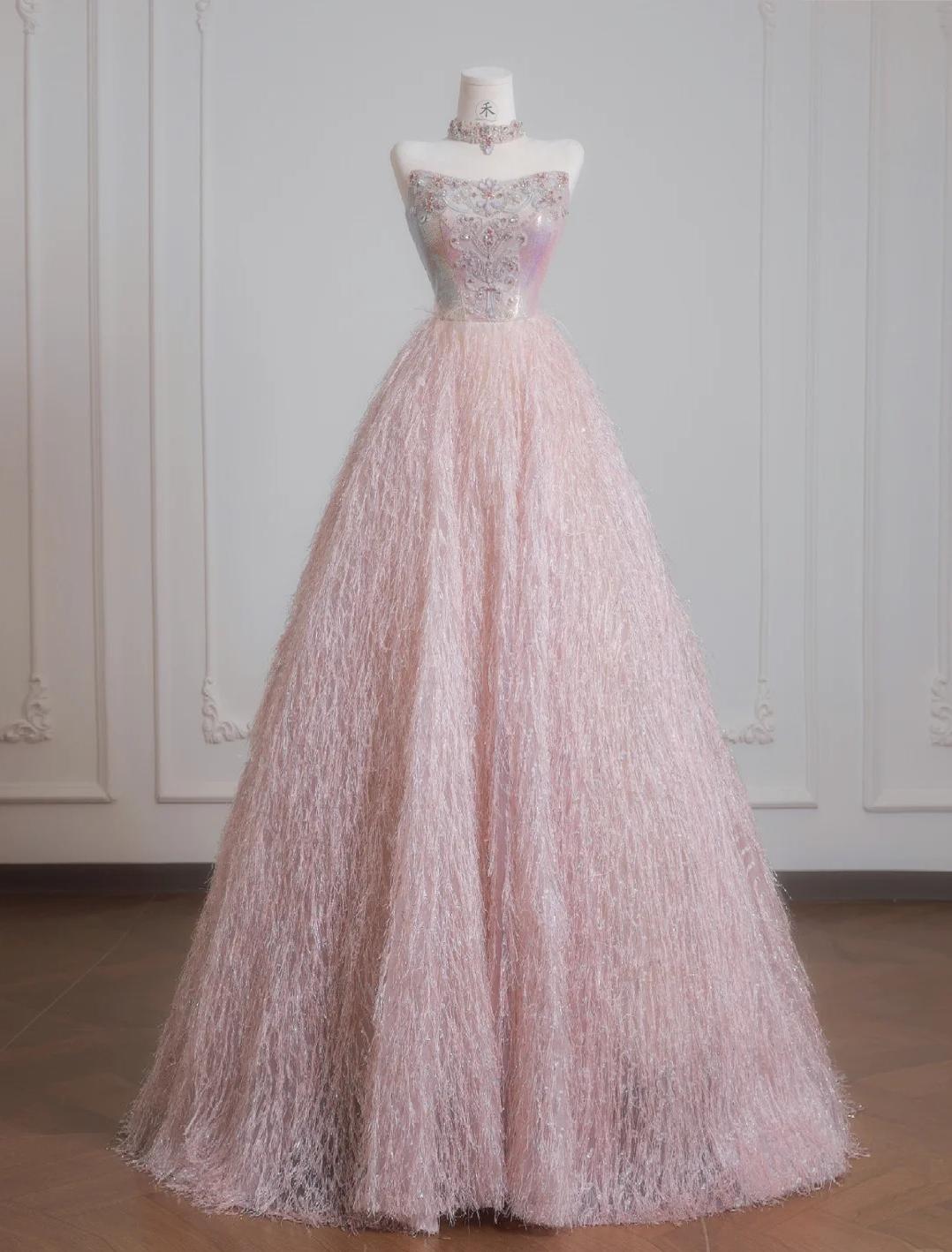 Vestido de novia de tul con cuentas, sin tirantes, color rosa dulce, corte A, largo, para fiesta, ED02197