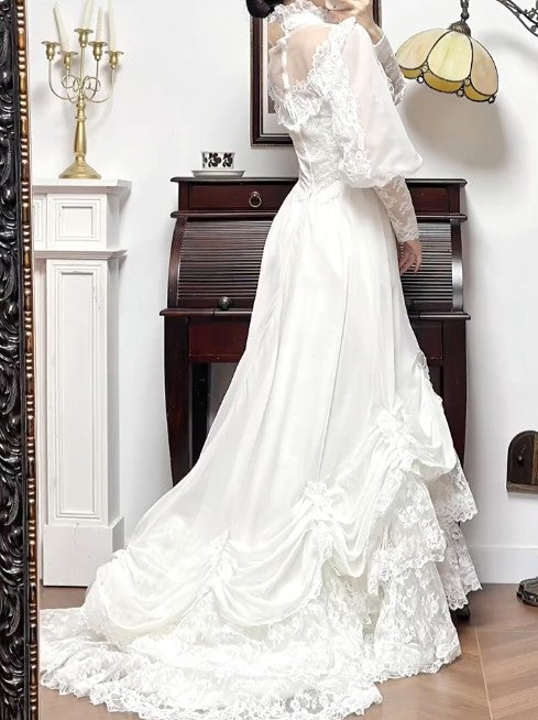 Hermoso vestido de novia vintage blanco de corte A, manga larga, tul, encaje, apliques, cola, ED02205