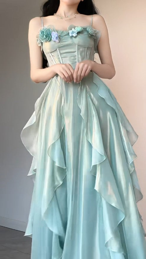Vestido de fiesta de cumpleaños de cuento de hadas en azul Tiffany, tirantes finos, de gasa, corte A, estilo princesa, ED02212