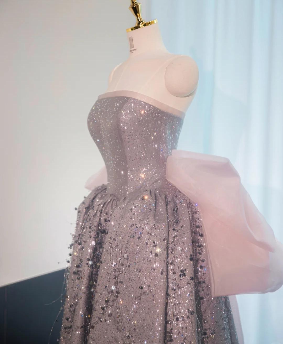 Vestido de fiesta largo de corte A con lentejuelas, sin tirantes y color rosa polvoriento, para quinceañeras, ED02225