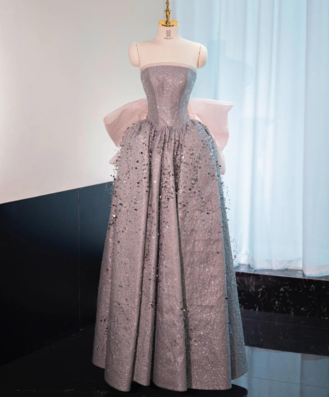Vestido de fiesta largo de corte A con lentejuelas, sin tirantes y color rosa polvoriento, para quinceañeras, ED02225