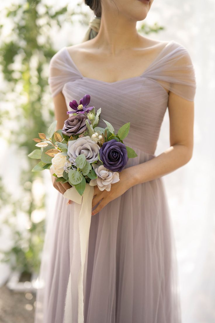 Elegante vestido de dama de honor de tul morado con escote en V y corte A, vestidos de fiesta ED02237