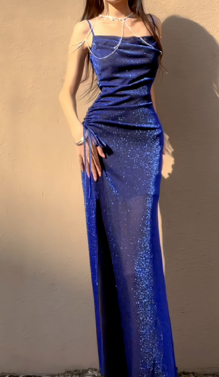 Midnight Blue Shiny Silk Mermaid Dress Swing Neck Luxurious Birthday Party Dress ED02243