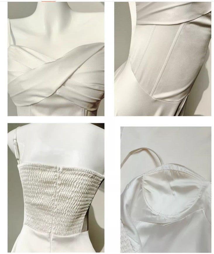 Vestido de novia elegante de satén con tirantes finos color champán, corte A, para invitada de boda, ED02244