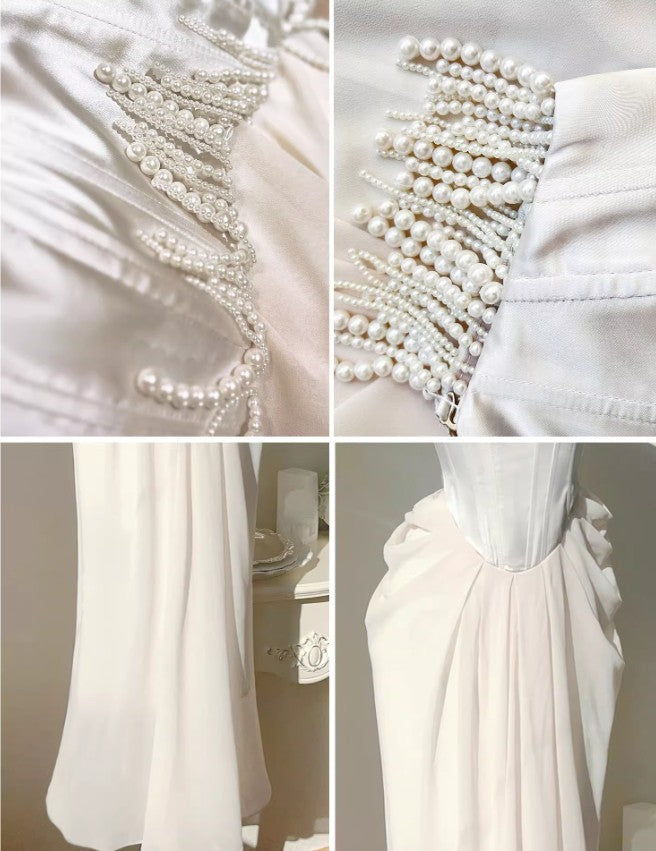 Vestido de fiesta de satén con tirantes finos de gasa y colgante de perla francesa, color champán claro, para cumpleaños, ED02245