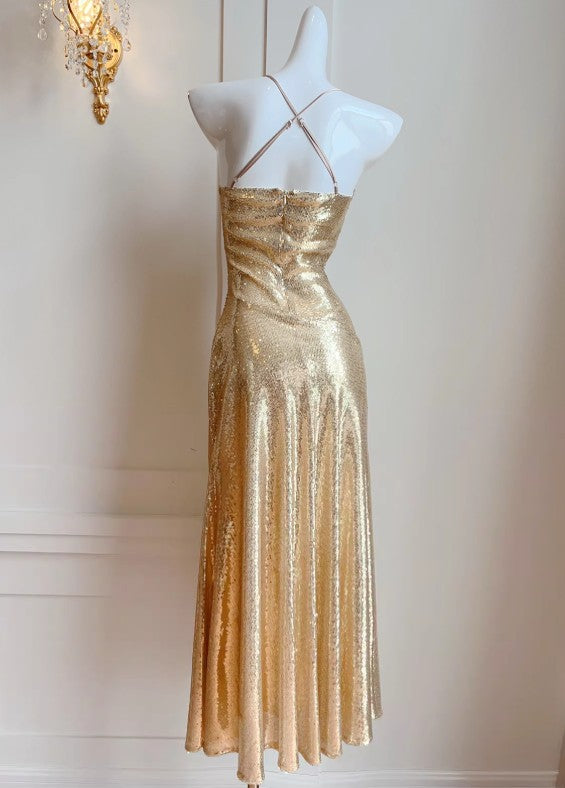 Elegant Gold Sequin Spaghetti Strap A-Line Evening Dress Backless Sparkling Birthday Party Dress ED02247