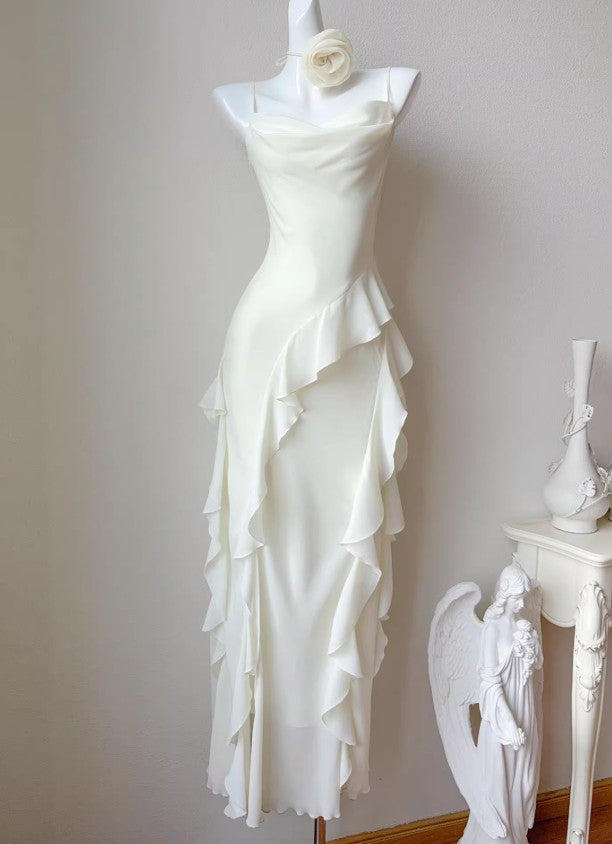 Sweet Birthday Evening Gowns Off-White Spaghetti Straps Chiffon Ruffles A-Line Prom Dresses ED02248