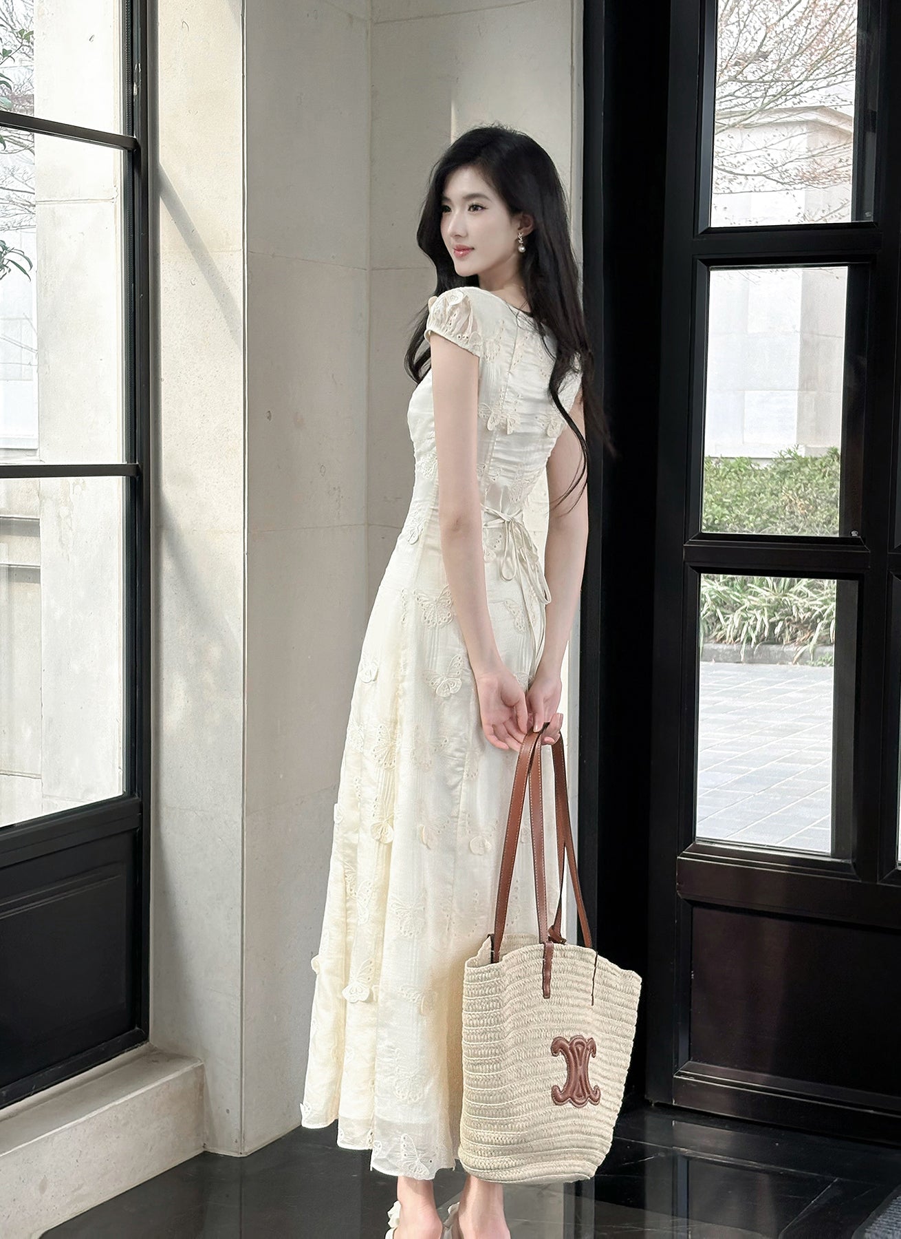 Vestido francés con bordado de mariposas, estilo veraniego, con cintura suave, ED02249