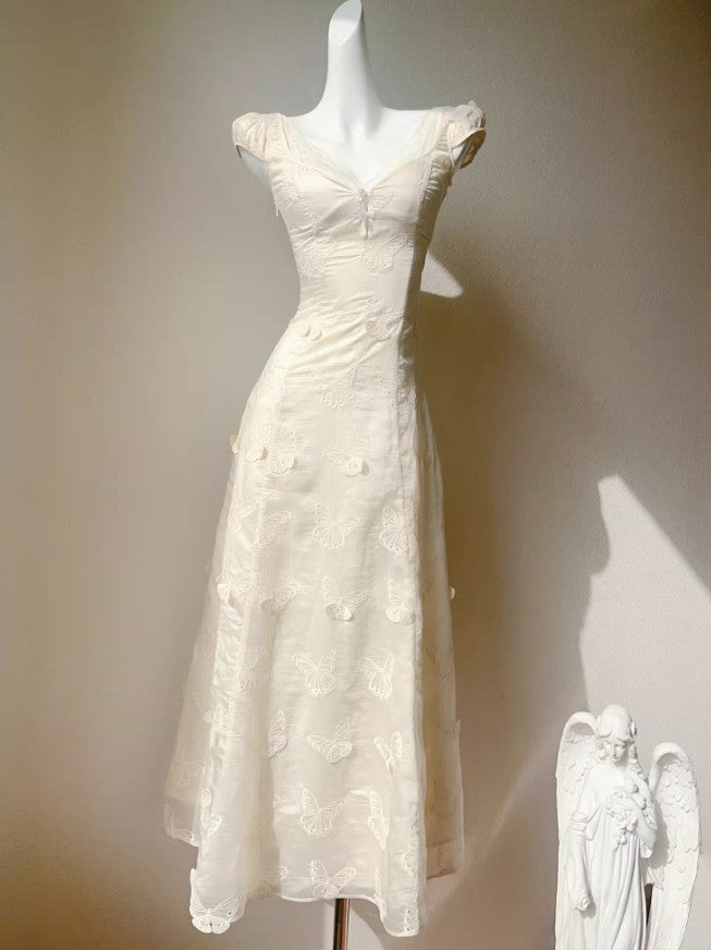 Vestido francés con bordado de mariposas, estilo veraniego, con cintura suave, ED02249