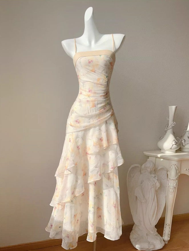 Vestido de fiesta estilo sirena con tirantes finos y estampado de volantes franceses ED02250