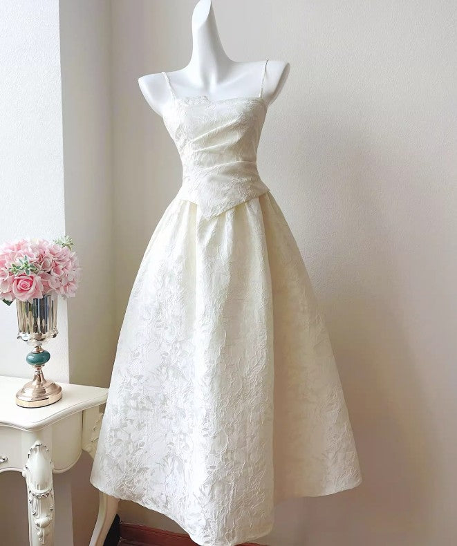 Pretty Moonlight White Strapless A-Line Jacquard Satin Evening Gowns Elegant Birthday Prom Dresses ED02252