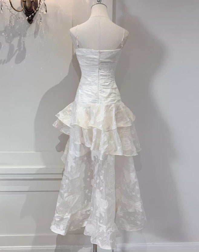 Vestido de fiesta de cumpleaños de gasa con volantes y tirantes finos en color albaricoque claro ED02253