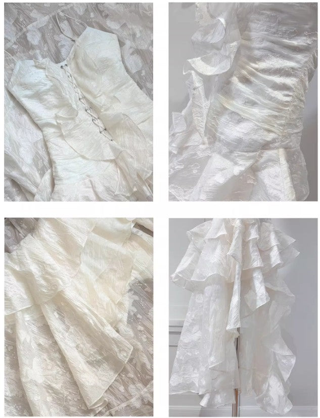 Vestido de fiesta de cumpleaños de gasa con volantes y tirantes finos en color albaricoque claro ED02253