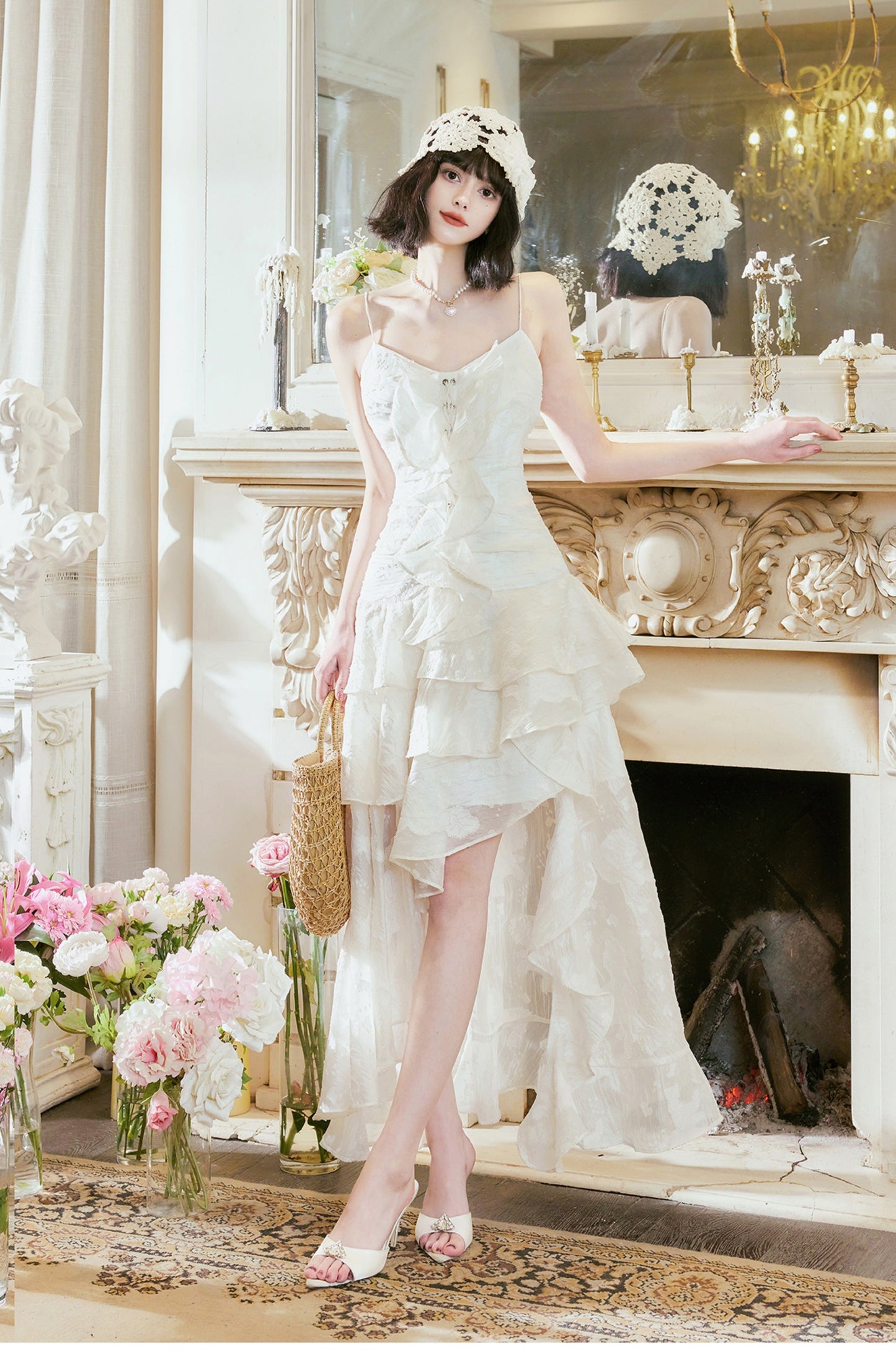 Vestido de fiesta de cumpleaños de gasa con volantes y tirantes finos en color albaricoque claro ED02253