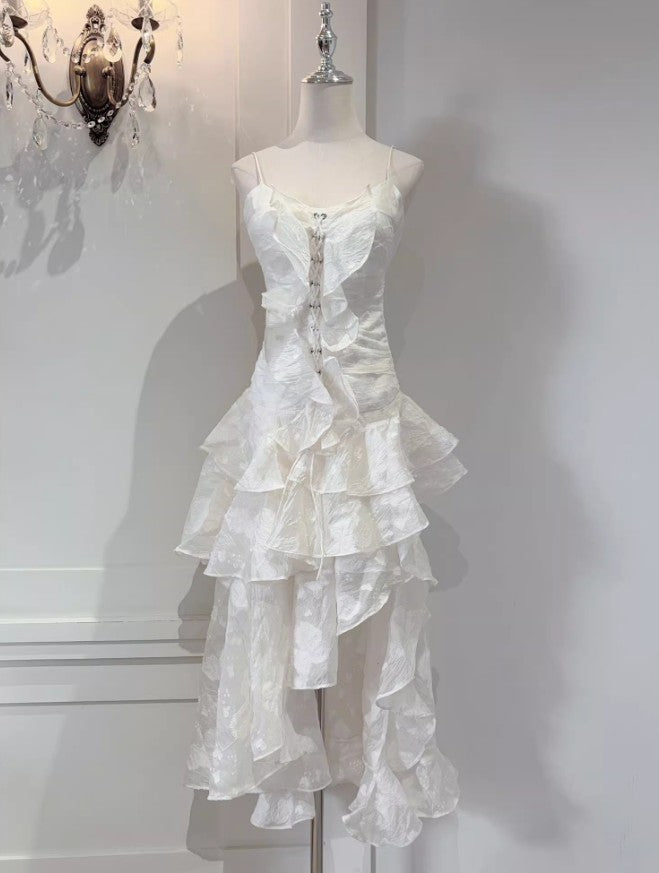 Vestido de fiesta de cumpleaños de gasa con volantes y tirantes finos en color albaricoque claro ED02253