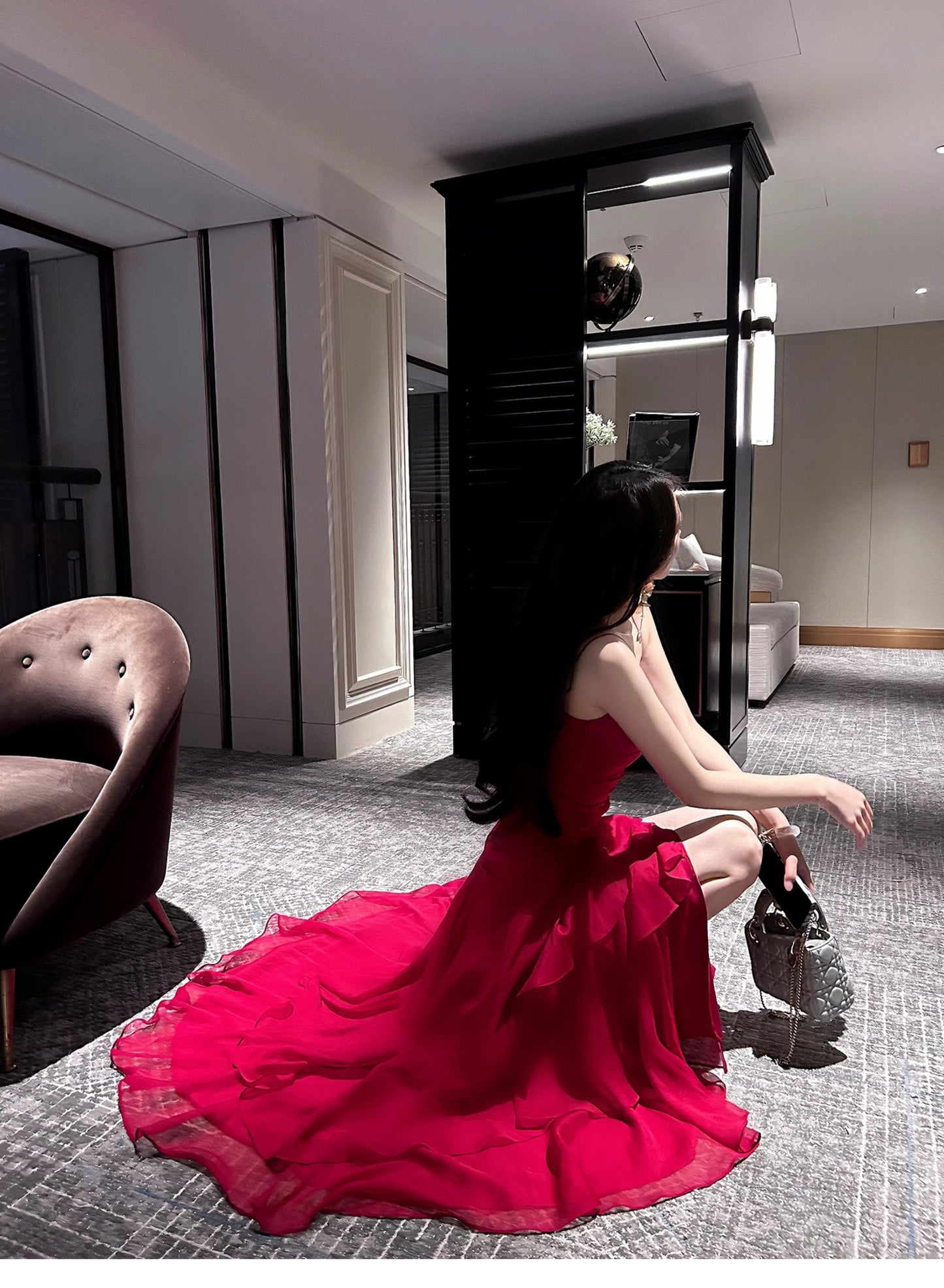 Retro Red Spaghetti Strap Chiffon Ruffles A-Line Prom Dresses Gorgeous Birthday Party Dress ED02254