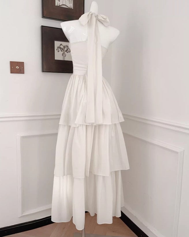 Vestido de fiesta blanco de gasa con cuello halter y corte A en capas ED02257