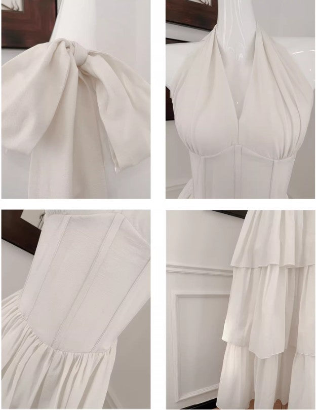 Vestido de fiesta blanco de gasa con cuello halter y corte A en capas ED02257