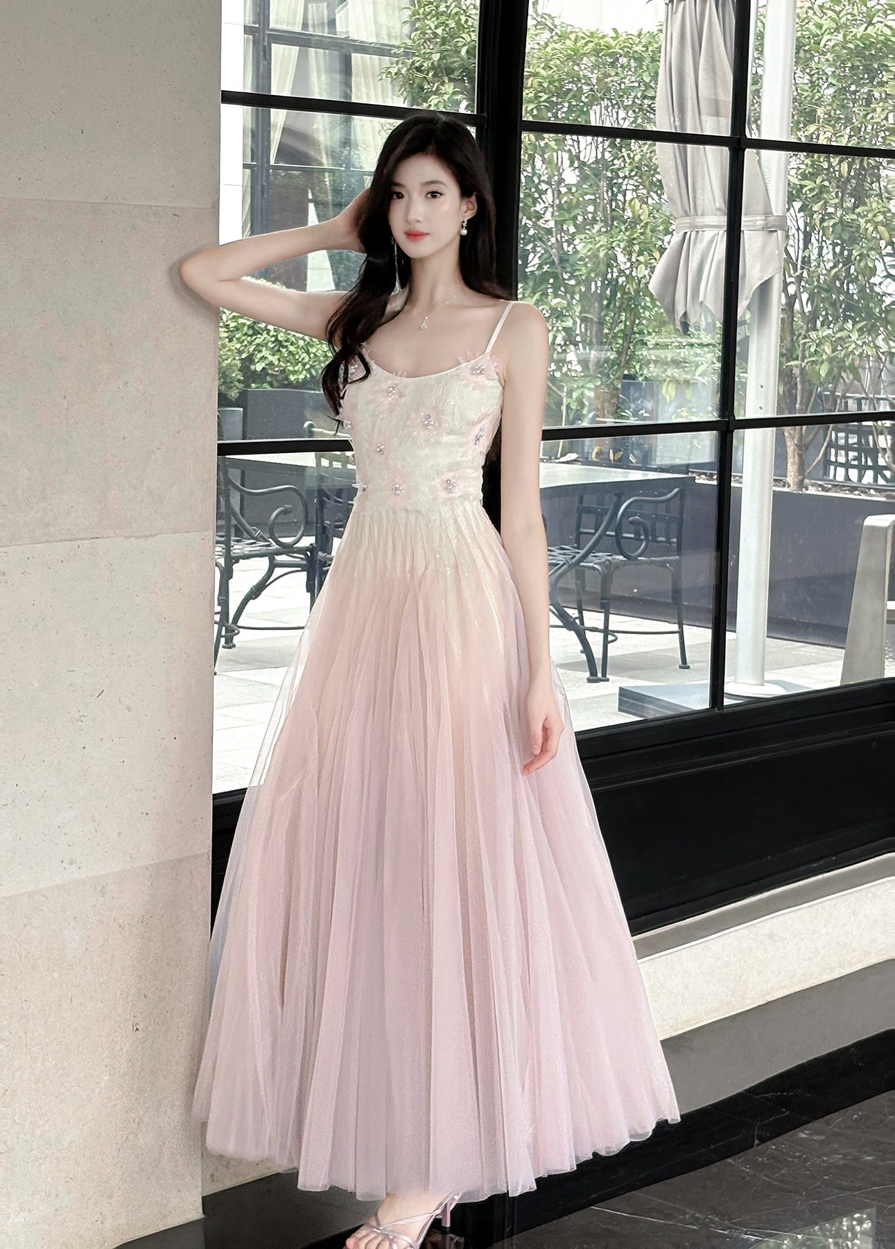 Vestido de fiesta de tul con tirantes finos, color rosa y morado, con encaje ED02258