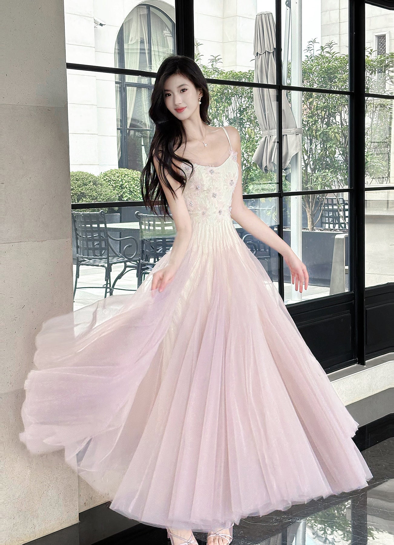 Vestido de fiesta de tul con tirantes finos, color rosa y morado, con encaje ED02258