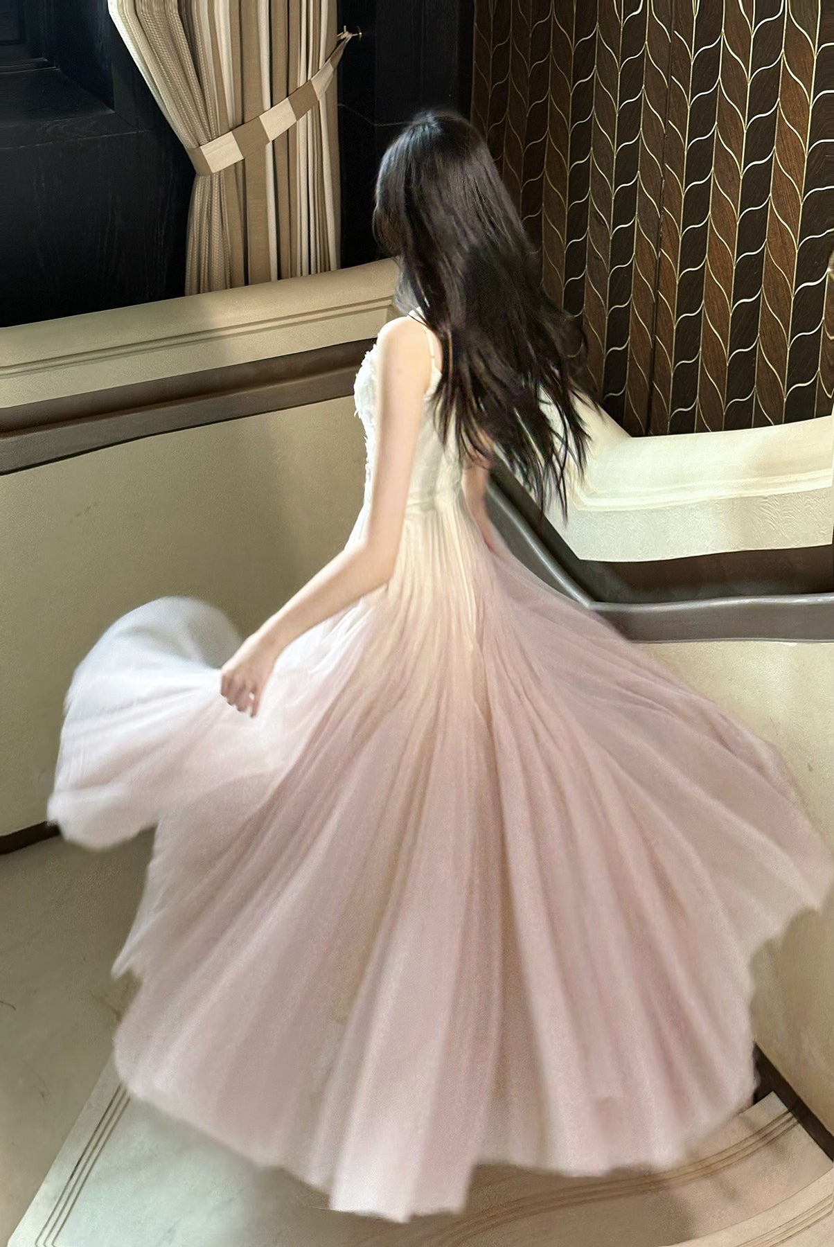 Vestido de fiesta de tul con tirantes finos, color rosa y morado, con encaje ED02258